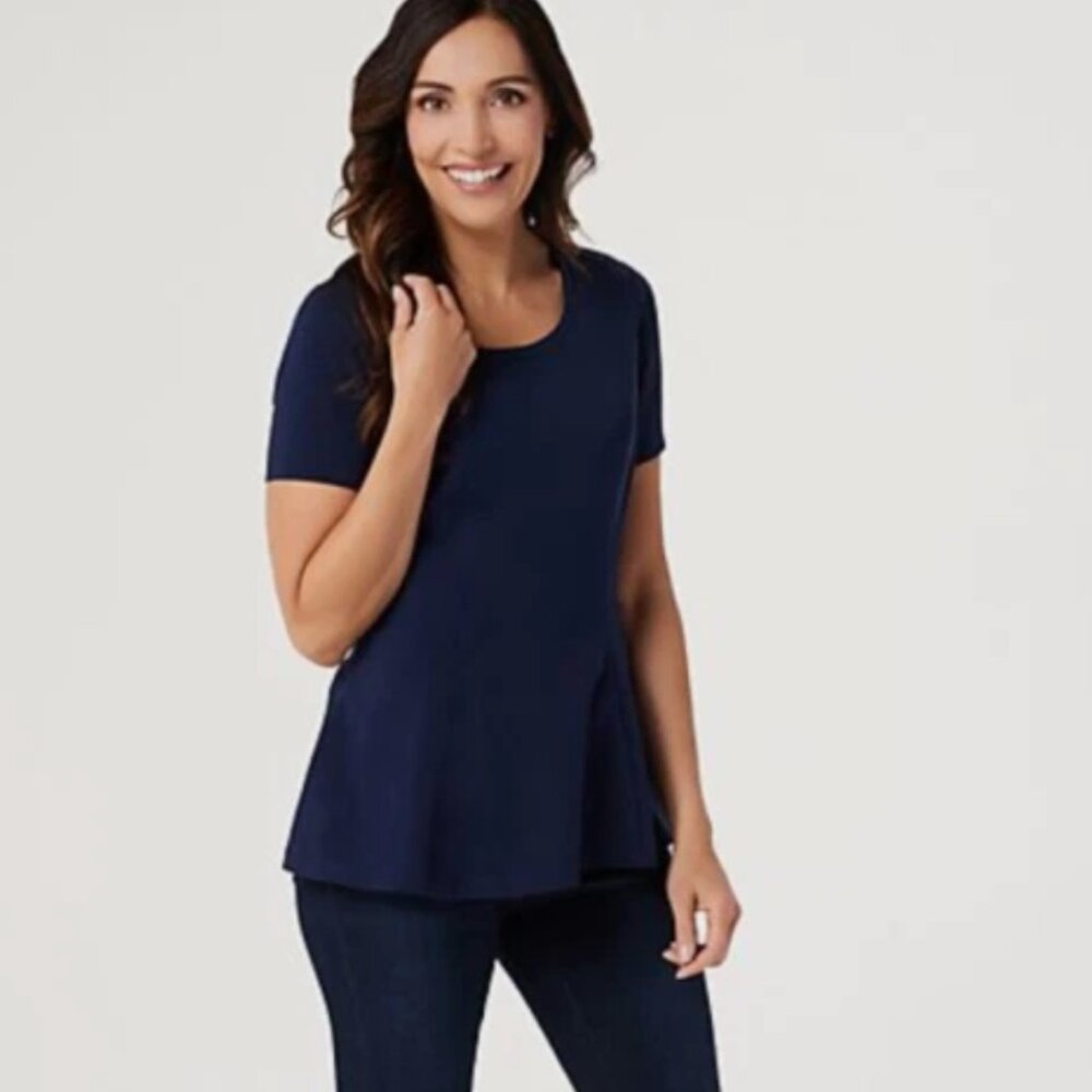 Isaac Mizrahi Live! Size XS Blue Short-Sleeve Seamed Peplum Knit Top A354253